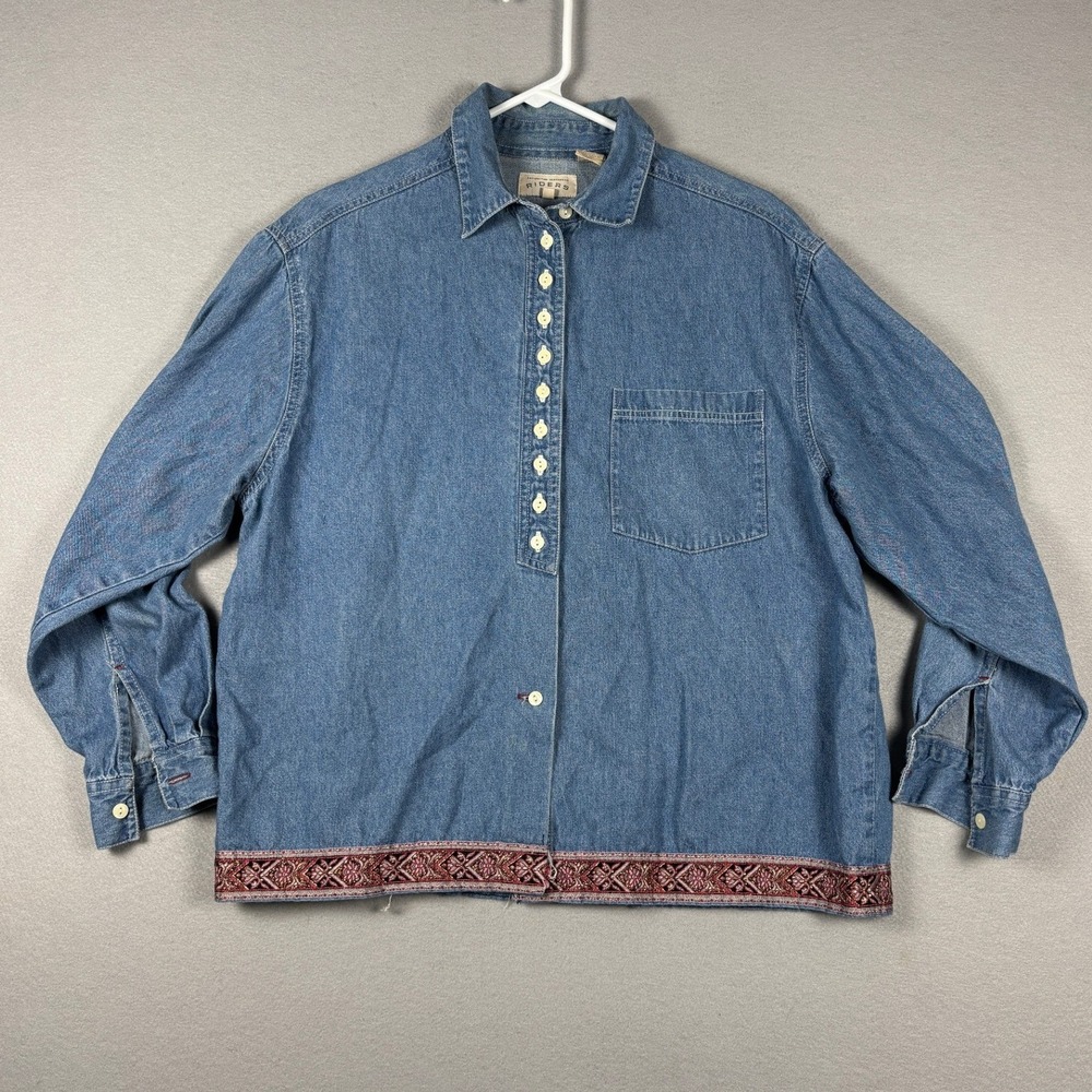 Vintage Riders Denim Pullover Shirt Embroidered Hem Henley Size M Blue